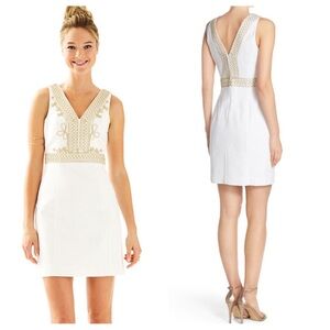 Lilly Pulitzer Aveline Shift Dress in white with gold embroidery
